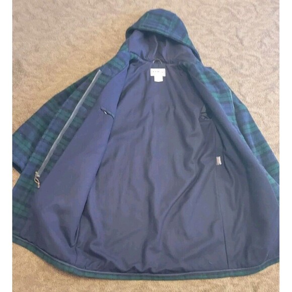 Vintage 80s LL Bean Duffle Over Coat WOOL Women's size Large Blue Green Plaid - Picture 7 of 7